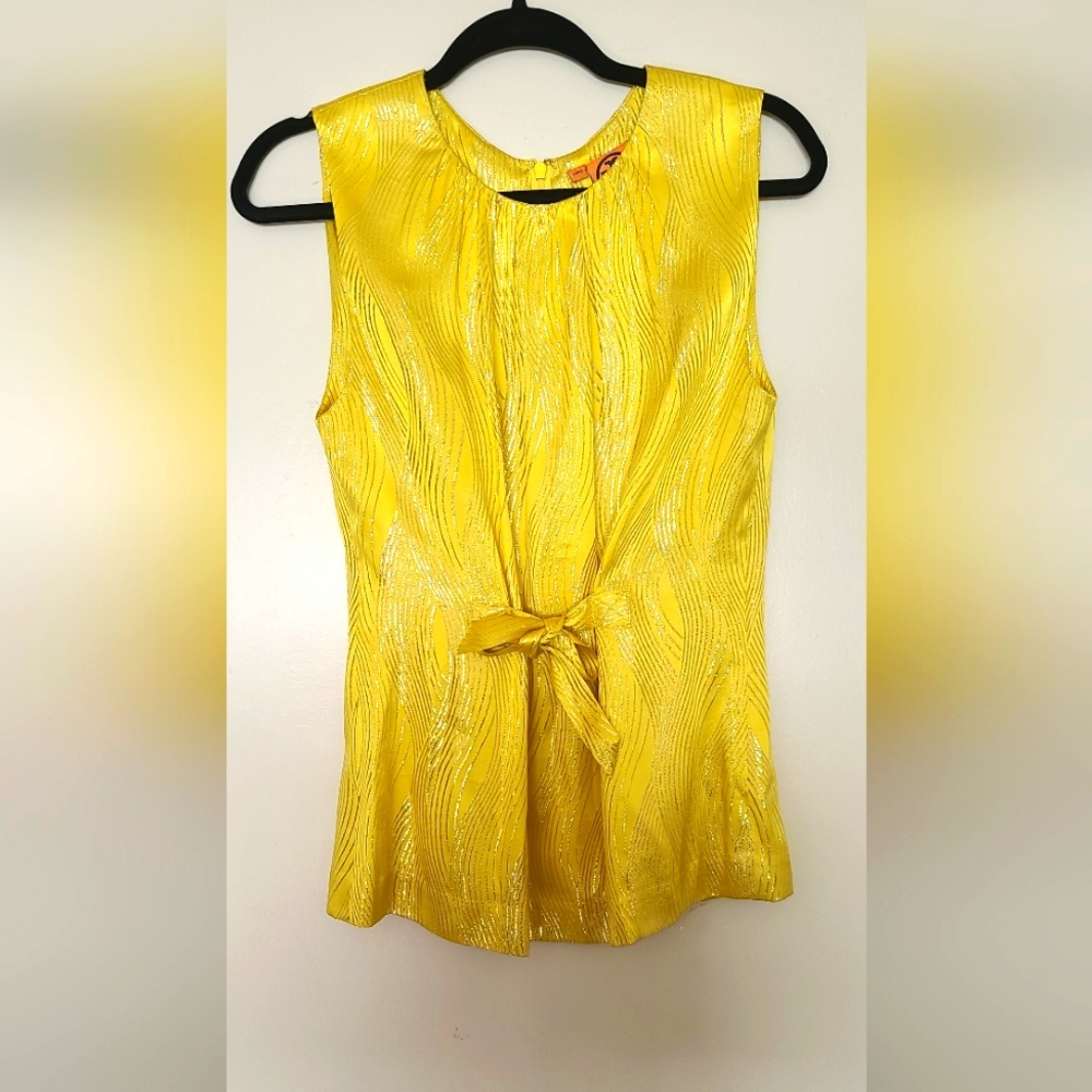Tory Burch Yellow Metallic Sleeveless Tie-Front Tank